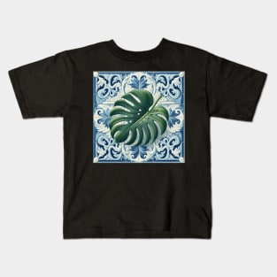 Classic Delft Tile With Monstera Leaf No.2 Kids T-Shirt